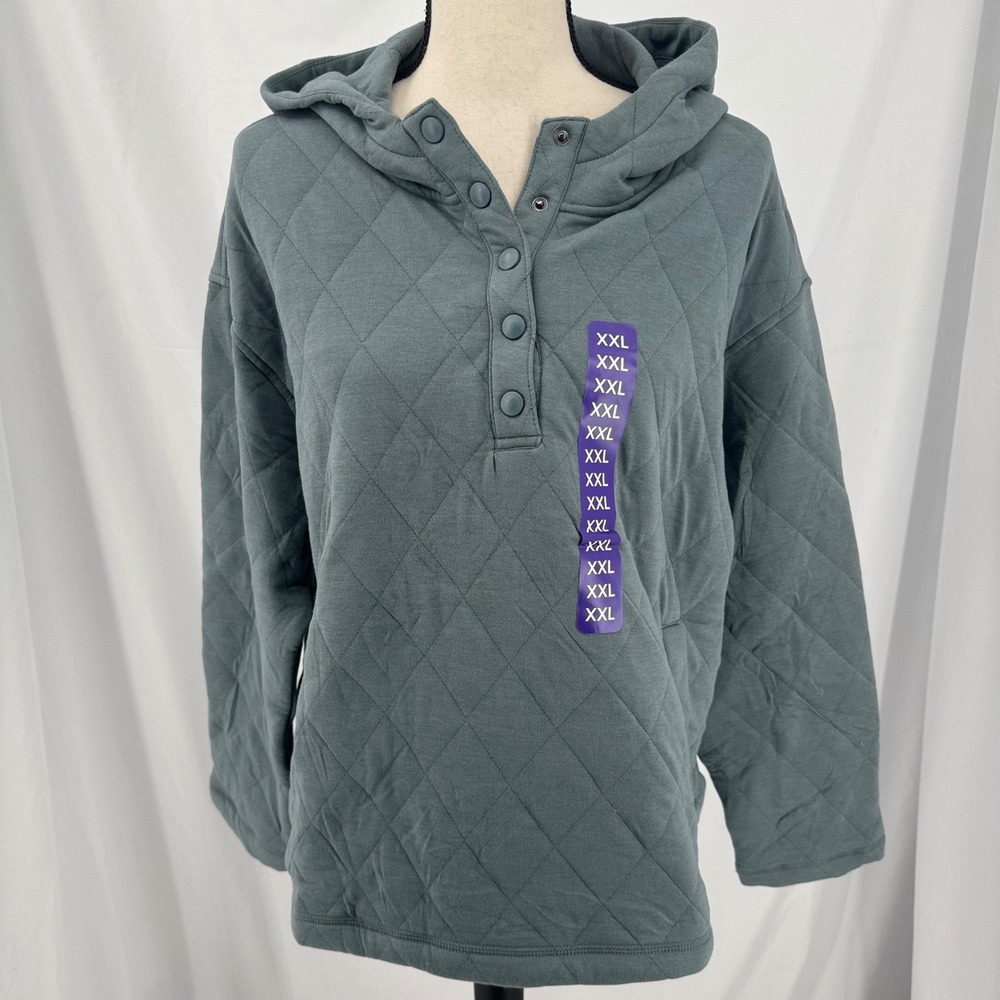 Lands End Women XXL Quilted Pullover Hoodie Light Blue Snap Neck Sweatshirt NEW